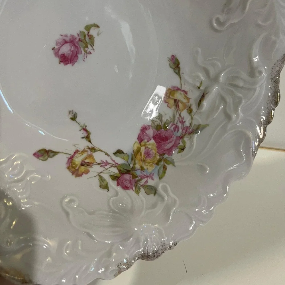 Vintage White Porcelain serving‎ bowl pink Rose floral Embossing Gold brush Trim